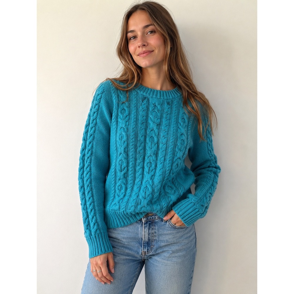 LL Bean Cable Knit Sweater Womens S Turquoise Blue New England fisherman granola